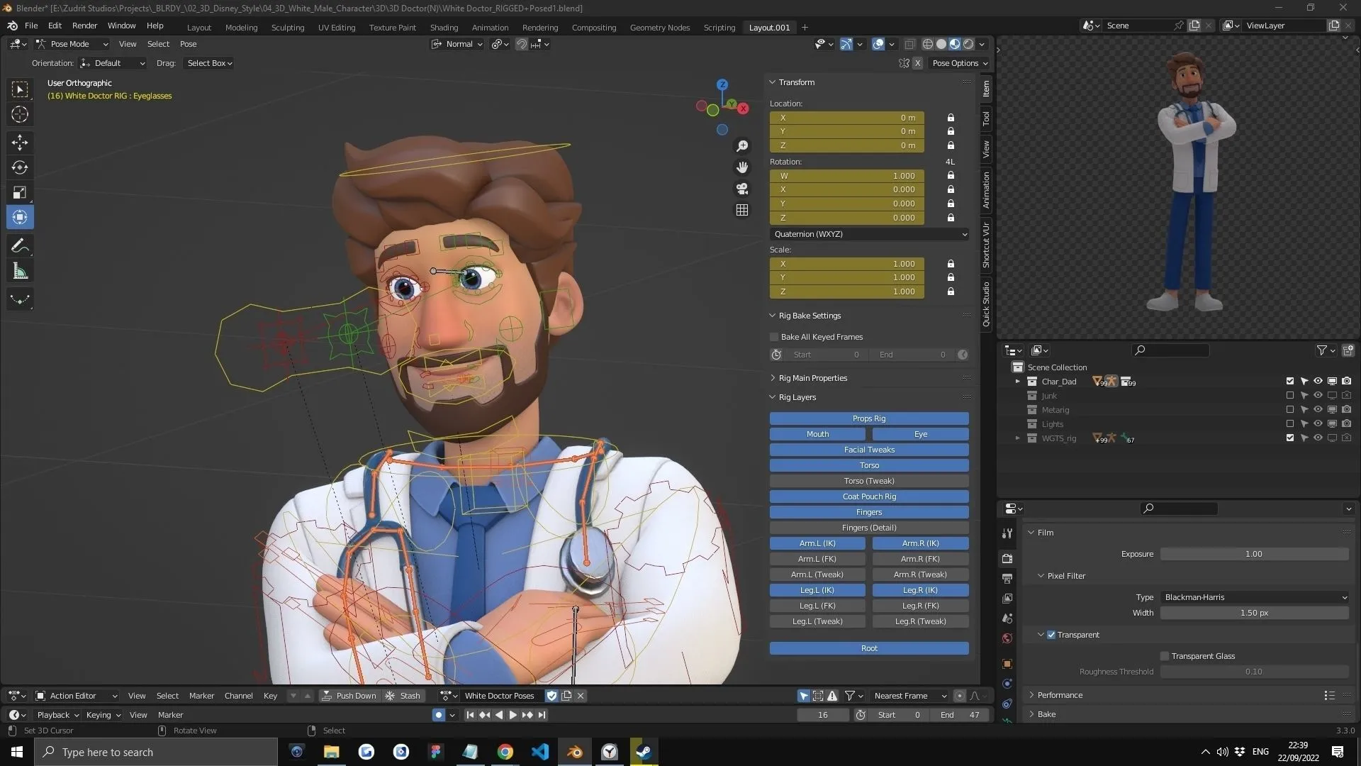 Cartoon Doctor 3D Character - Rigged in Blender with advanced face and body rigging system (Rigify)
